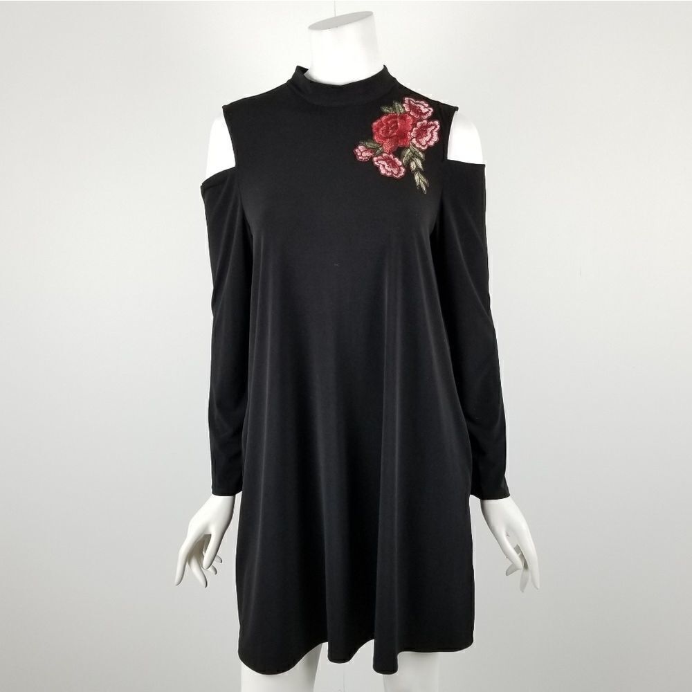 Black Rose Embroidered Cold Shoulder Mini Dress